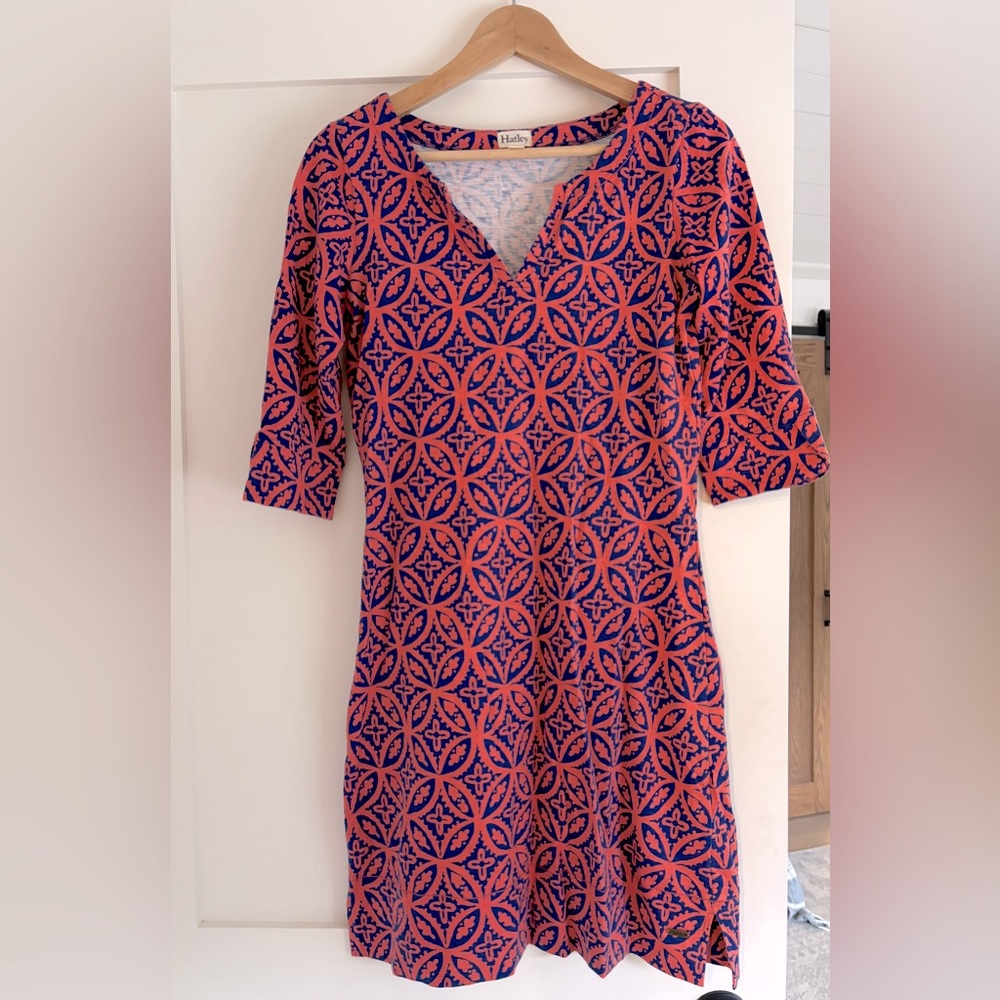 Hatley dress, medallion pattern, coral and navy, XS